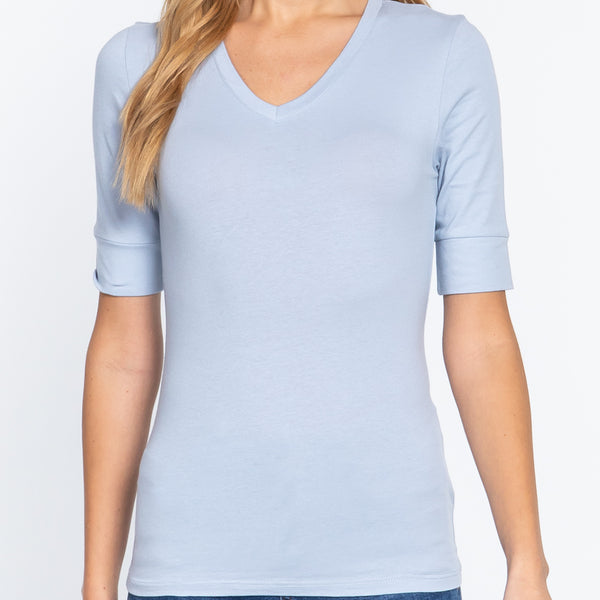 Cuffed Sleeve V Neck Top